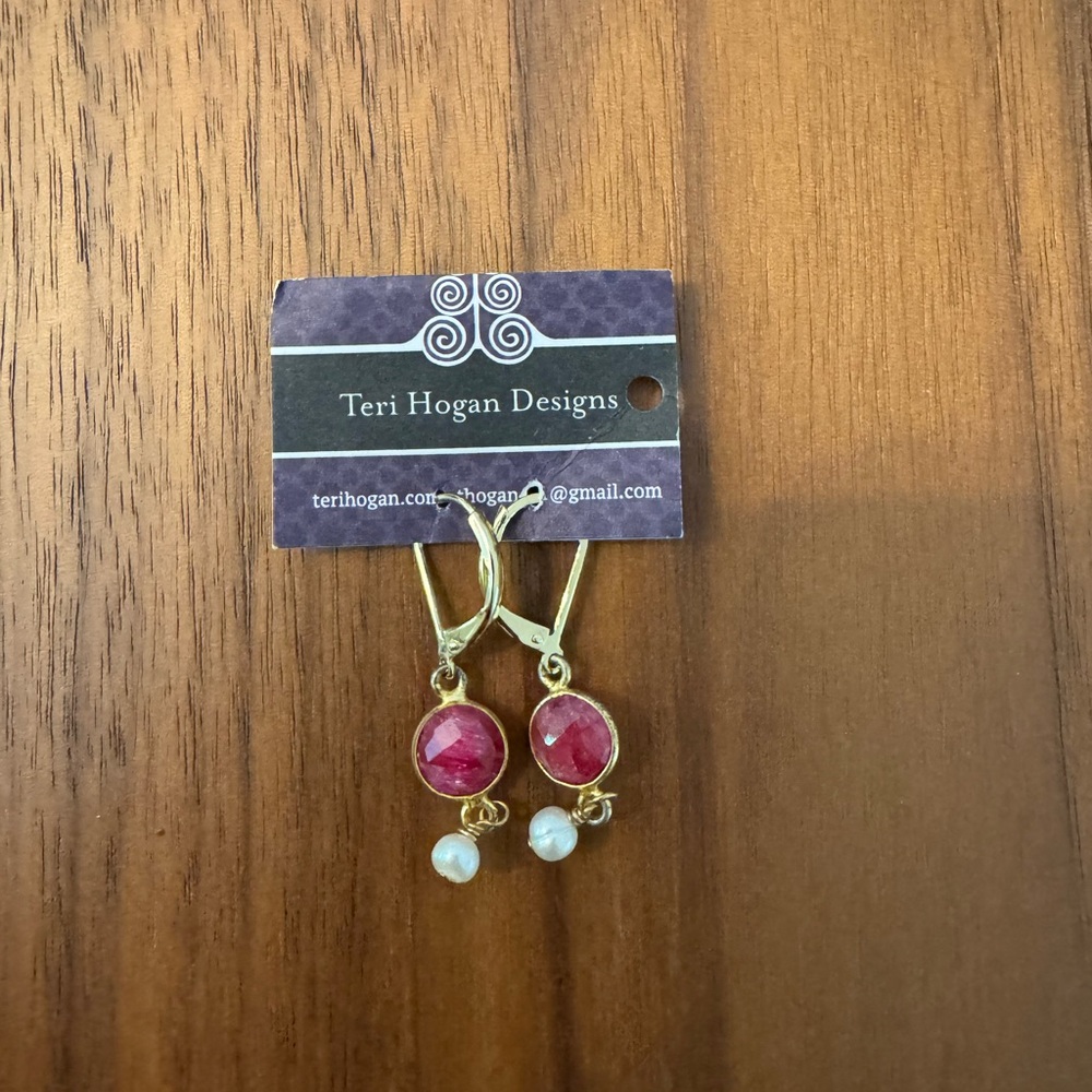 Teri Hogan Designs Ruby and Freshwater Pearl Drop Earrings